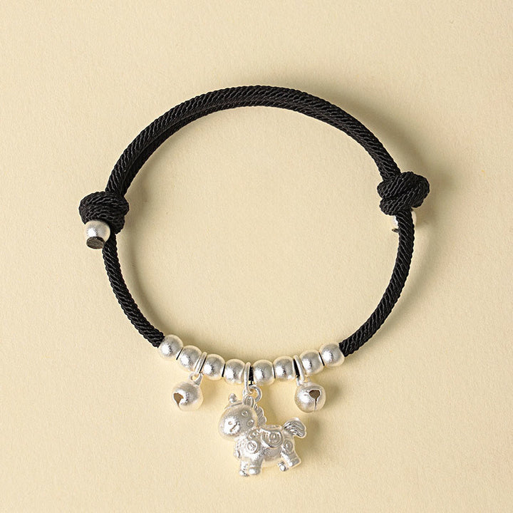 Buddha Stones午年 複数の馬のスタイル ロープ 幸運 強さ 調節可能 ブレスレット - 銀の角を持つ馬の黒いロープ - image 21