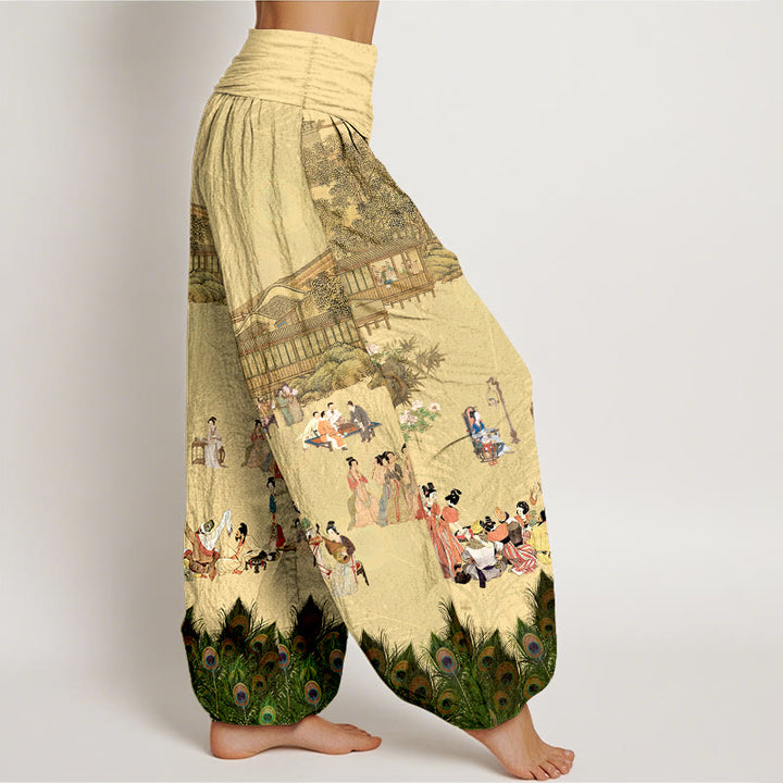 Buddha Stones、純綿、柔らかな色合い、人物、建物、孔雀の羽、木、花、岩の模様。レディース 伸縮性ウエスト ハーレムパンツ。 - image 2