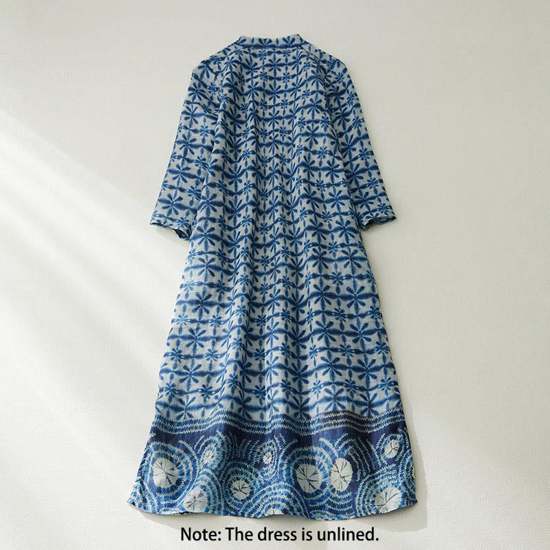 Buddha Stonesサマー ブルー 花柄ストライプ 円形 スタンドカラーデザイン 半袖 ストレート ミディ丈 ワンピース ポケット付き - image 1