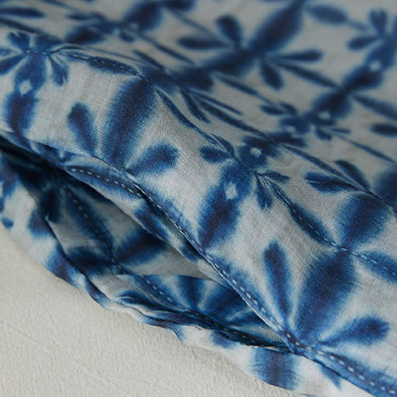 Buddha Stonesサマーブルーフローラルストライプ 円形スタンドカラーデザイン 半袖ミディドレス ポケット付き - image 3