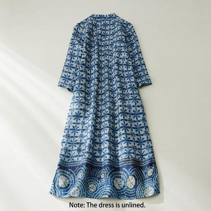 Buddha Stonesサマーブルーフローラルストライプ 円形スタンドカラーデザイン 半袖ミディドレス ポケット付き - image 1