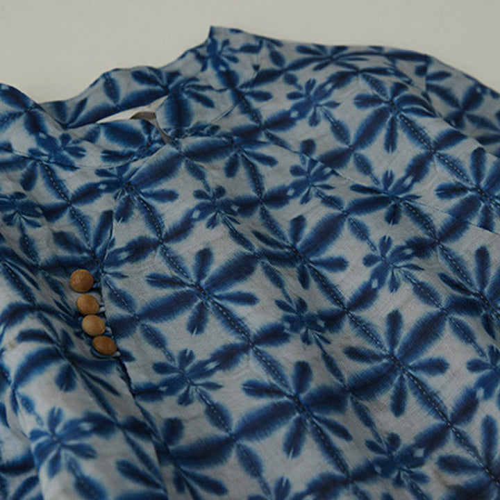 Buddha Stonesサマーブルーフローラルストライプ 円形スタンドカラーデザイン 半袖ミディドレス ポケット付き - image 2