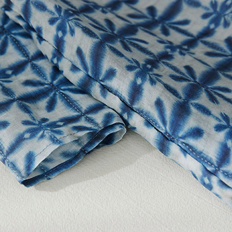 Buddha Stonesサマーブルーフローラルストライプ 円形スタンドカラーデザイン 半袖ミディドレス ポケット付き - image 4