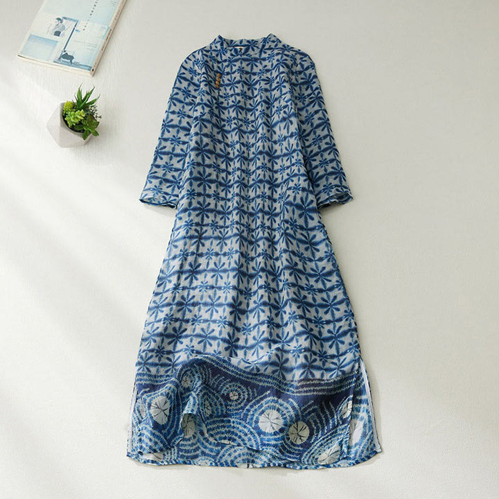 Buddha Stonesサマーブルーフローラルストライプ 円形スタンドカラーデザイン 半袖ミディドレス ポケット付き - コーンフラワーブルー - US12、 UK/AU16、 EU44 (3XL) - image 0