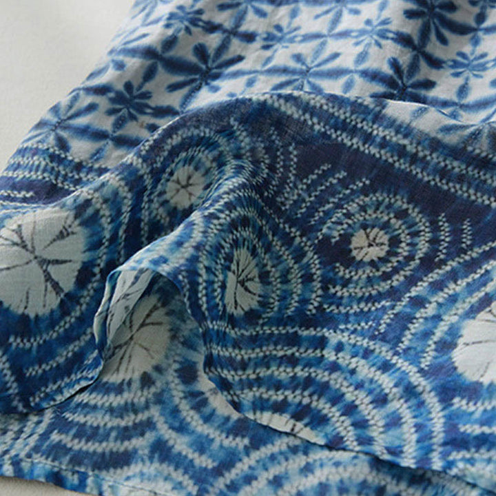 Buddha Stonesサマーブルーフローラルストライプ 円形スタンドカラーデザイン 半袖ミディドレス ポケット付き - image 6