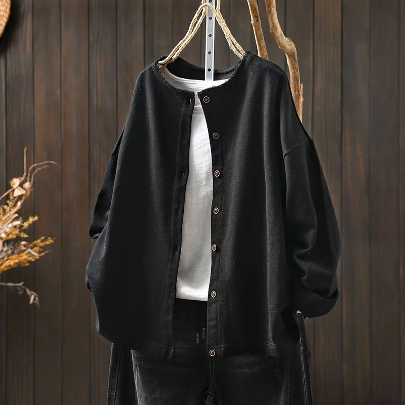 Buddha Stones秋冬 無地 ボタンダウン クルーネック 長袖 レディース コットンシャツ - 黒 - US4-8/10、 UK/AU8-12/14、 EU36-40/42 (F) - image 16