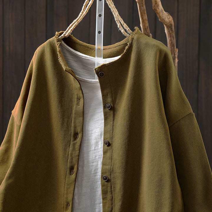 Buddha Stones秋冬 無地 ボタンダウン クルーネック 長袖 レディース コットンシャツ - image 5