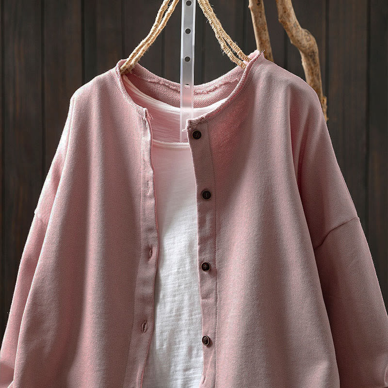 Buddha Stones秋冬 無地 ボタンダウン クルーネック 長袖 レディース コットンシャツ - image 2