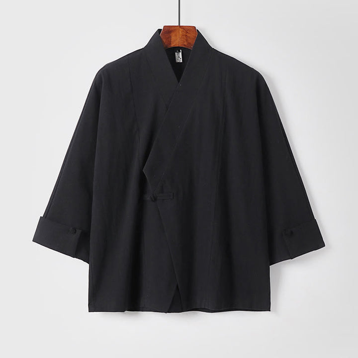 Buddha Stones無地 ワンチャイニーズフロッグボタンジャケット コットンリネン メンズ 半袖着物 - 黒 - US/UK/AU54、 EU64 (9XL) - image 10