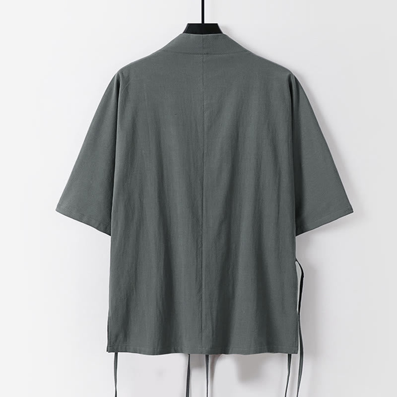 Buddha Stones無地 レースアップ コットンリネン メンズ 七分袖 着物 - image 1