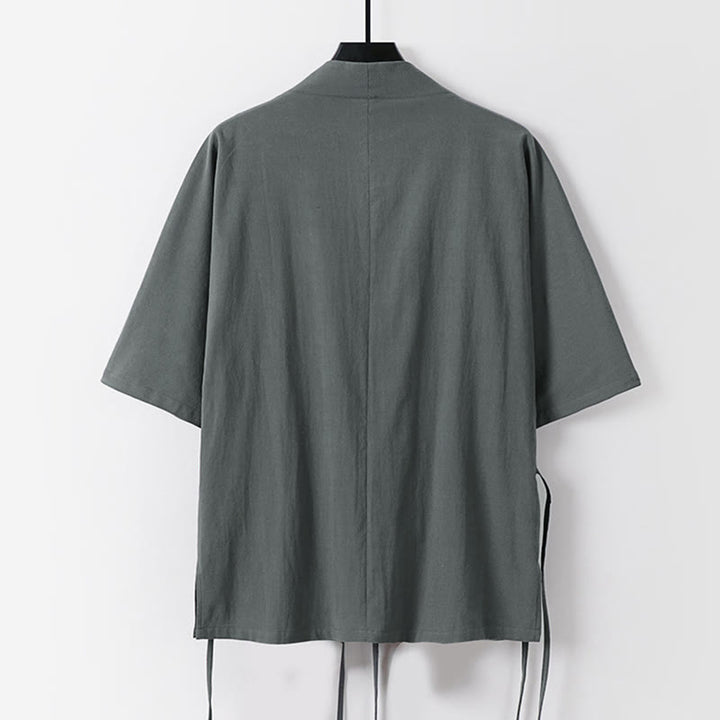 Buddha Stones無地 レースアップ コットンリネン メンズ 七分袖 着物 - image 1