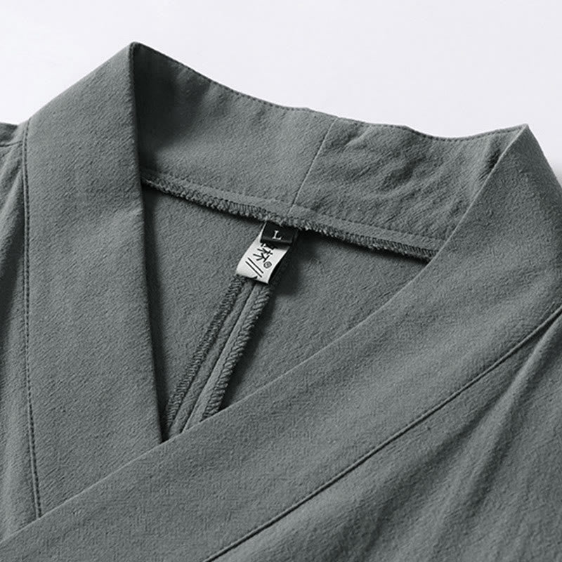 Buddha Stones無地 レースアップ コットンリネン メンズ 七分袖 着物 - image 2