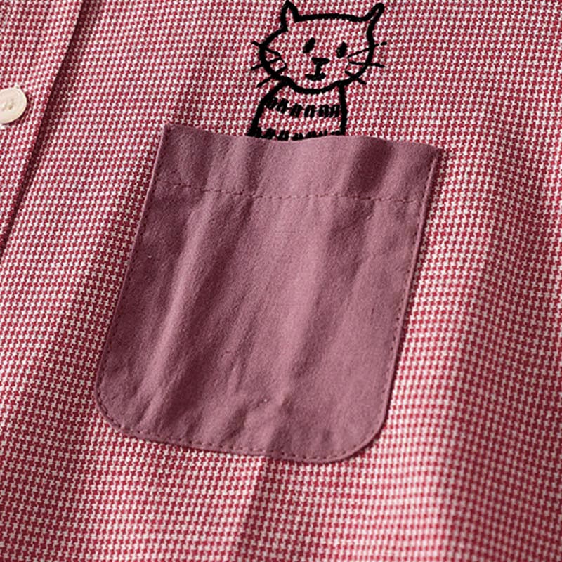 Buddha Stones秋 猫 子猫 刺繍 チェック柄 スタンドカラー ボタンダウンデザイン レディース 長袖シャツ - image 10