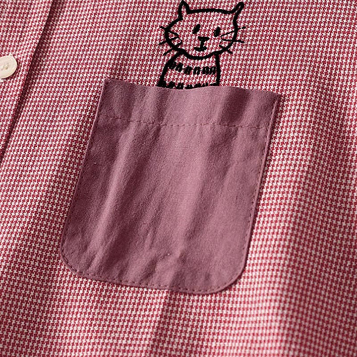 Buddha Stones秋 猫 子猫 刺繍 チェック柄 スタンドカラー ボタンダウンデザイン レディース 長袖シャツ - image 10