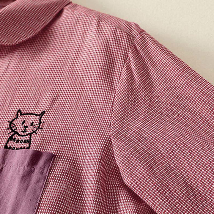 Buddha Stones秋 猫 子猫 刺繍 チェック柄 スタンドカラー ボタンダウンデザイン レディース 長袖シャツ - image 8