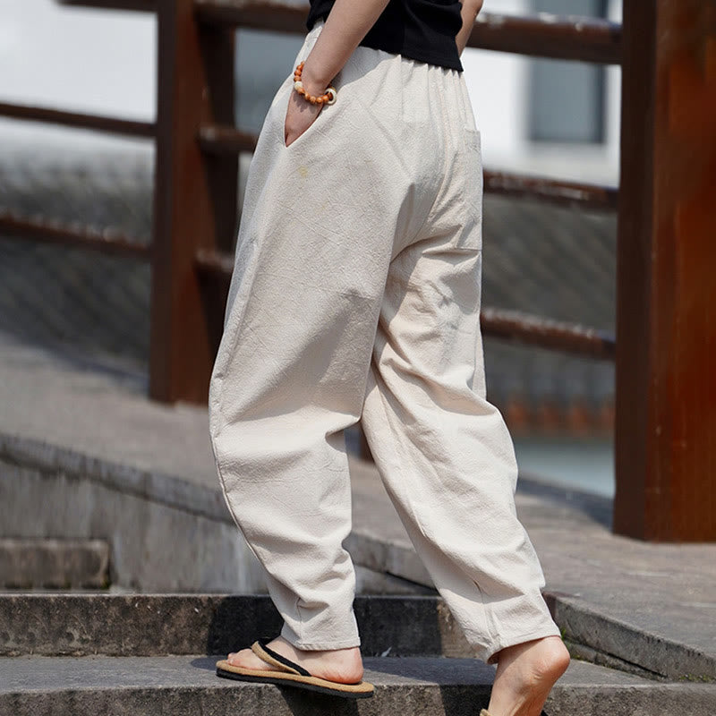 Buddha Stones夏 無地 中国風 カエルボタン ストレートレッグデザイン メンズ コットンリネン パンツ ポケット付き - image 3