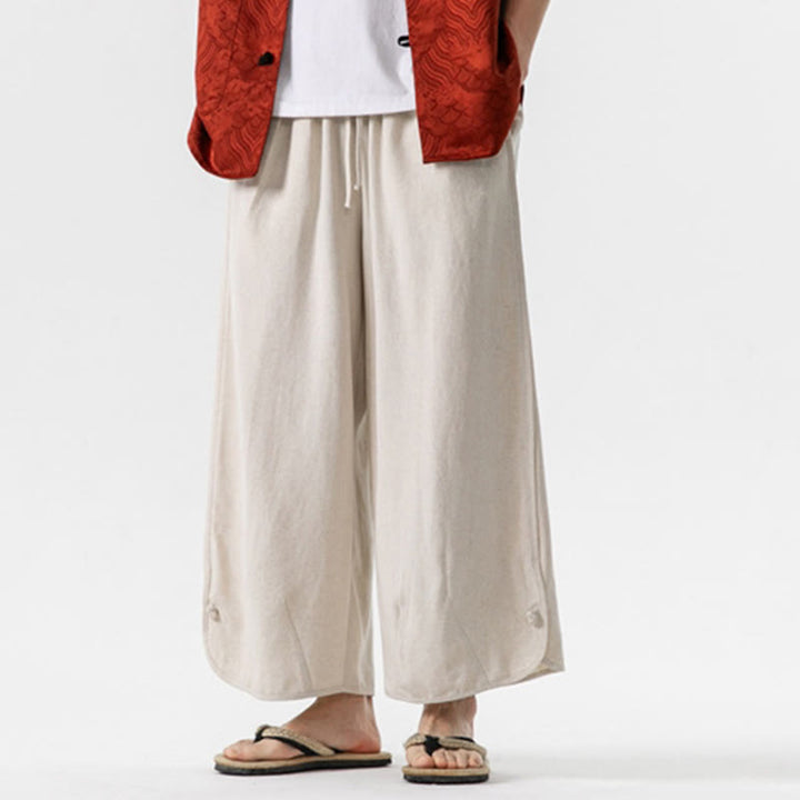 Buddha Stones夏 無地 ドローストリングデザイン リネンコットン メンズ 7-8丈 ポケット付きパンツ - image 8