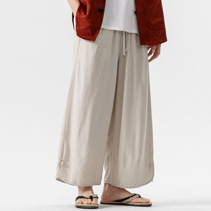 Buddha Stones夏 無地 ドローストリングデザイン リネンコットン メンズ 7-8丈 ポケット付きパンツ - image 7