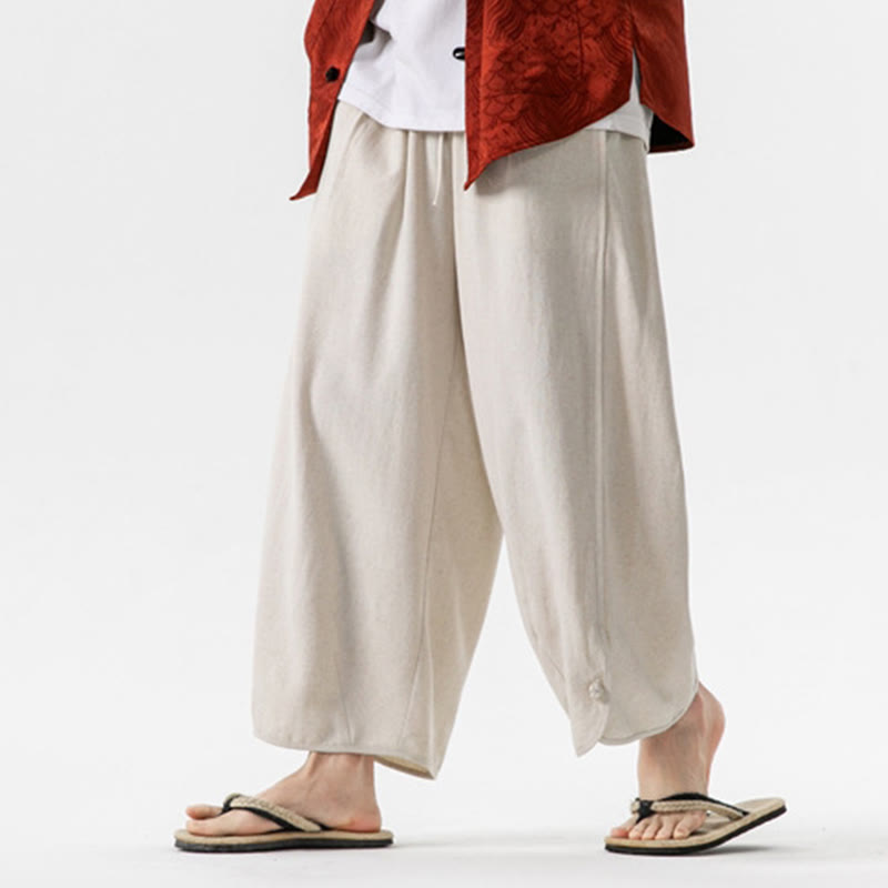 Buddha Stones夏 無地 ドローストリングデザイン リネンコットン メンズ 7-8丈 ポケット付きパンツ - image 2