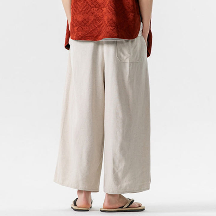 Buddha Stones夏 無地 ドローストリングデザイン リネンコットン メンズ 7-8丈 ポケット付きパンツ - image 4