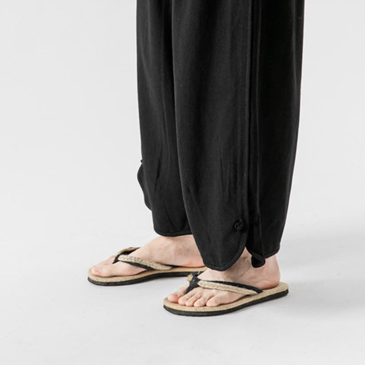 Buddha Stones夏 無地 ドローストリングデザイン リネンコットン メンズ 7-8丈 ポケット付きパンツ - image 25