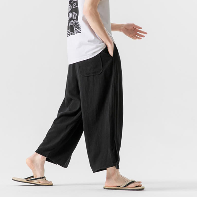 Buddha Stones夏 無地 ドローストリングデザイン リネンコットン メンズ 7-8丈 ポケット付きパンツ - image 18