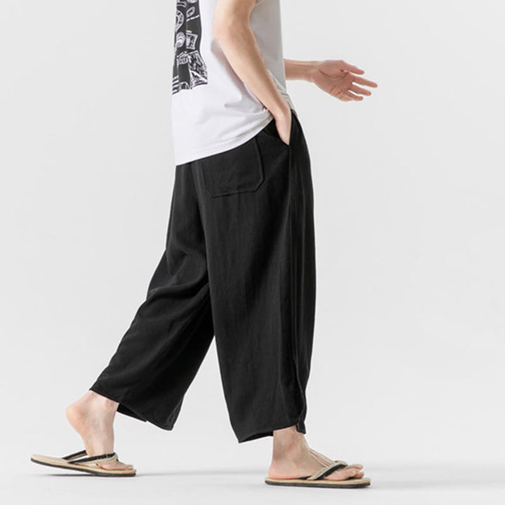 Buddha Stones夏 無地 ドローストリングデザイン リネンコットン メンズ 7-8丈 ポケット付きパンツ - image 18