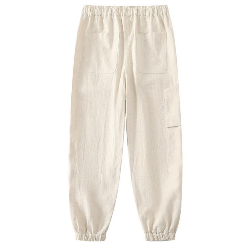 Buddha Stones夏用 ラミー リネン コットン アンクル丈 伸縮性カフス テーパード メンズ パンツ ポケット付き - image 1