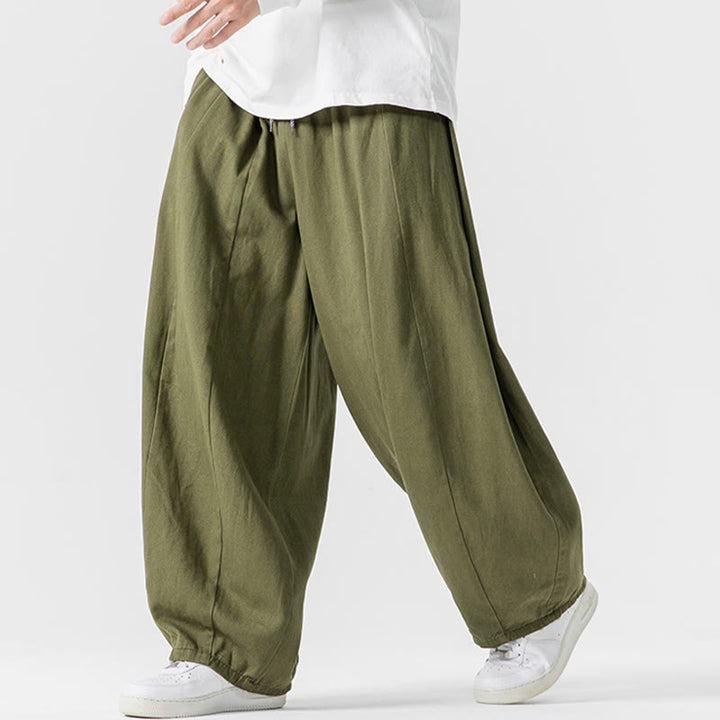 Buddha Stones秋冬 無地 コットン 伸縮性ウエスト メンズ ハーレムパンツ ポケット付き - image 2