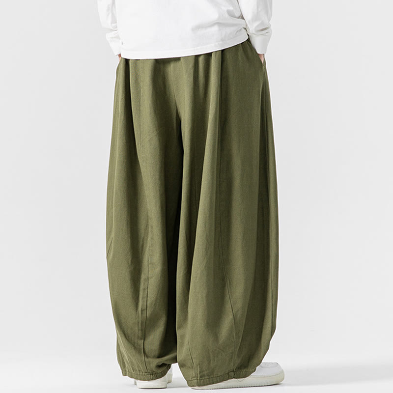 Buddha Stones秋冬 無地 コットン 伸縮性ウエスト メンズ ハーレムパンツ ポケット付き - image 3