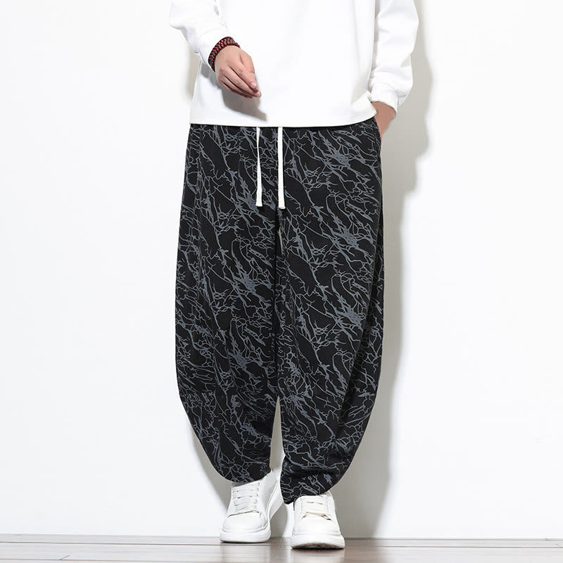 Buddha Stones秋 テクスチャードラインプリント コットン 伸縮性ウエスト アンクル丈 メンズ ハーレムパンツ ポケット付き - 黒 - US/UK/AU46、 EU56 (5XL) - image 8