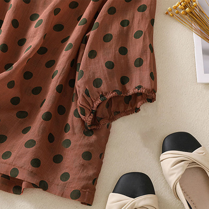 Buddha Stones秋 ラウンドネック 水玉 長袖 レディース ポリエステル シャツ  - image 3