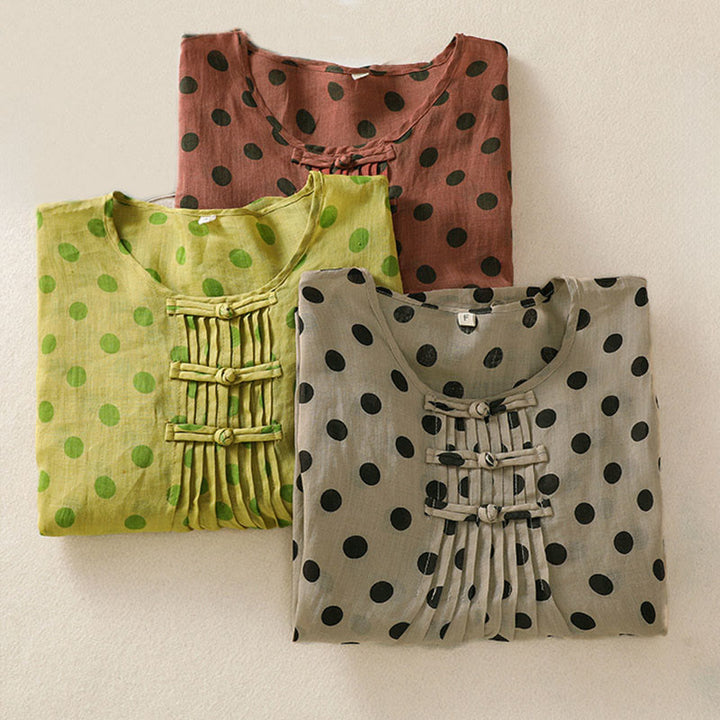 Buddha Stones秋 ラウンドネック 水玉 長袖 レディース ポリエステル シャツ  - image 26