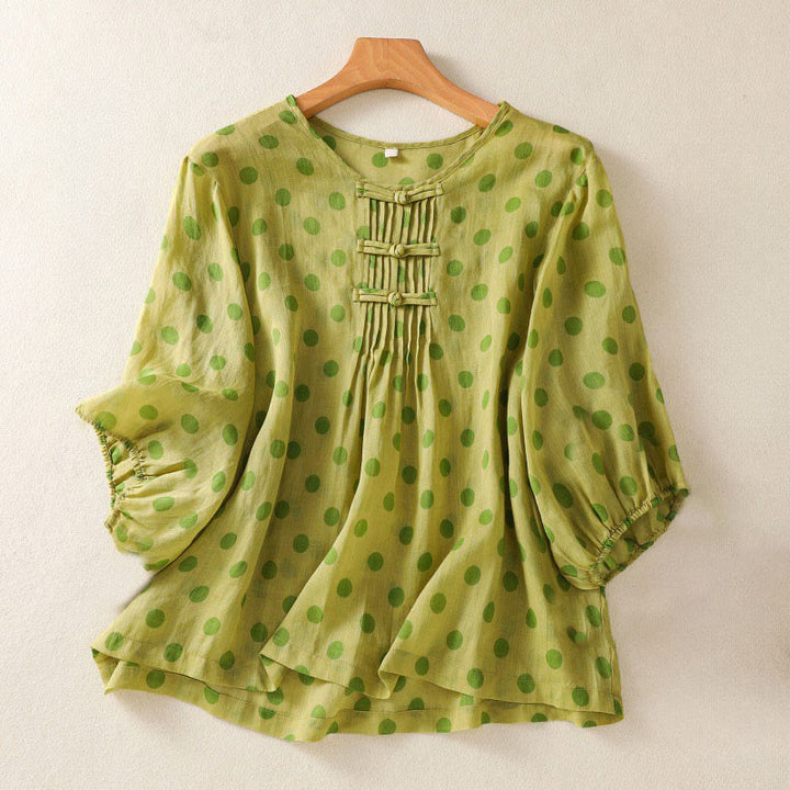 Buddha Stones秋 ラウンドネック 水玉 長袖 レディース ポリエステル シャツ  - 黄緑 - US12、 UK/AU16、 EU44 (2XL) - image 7