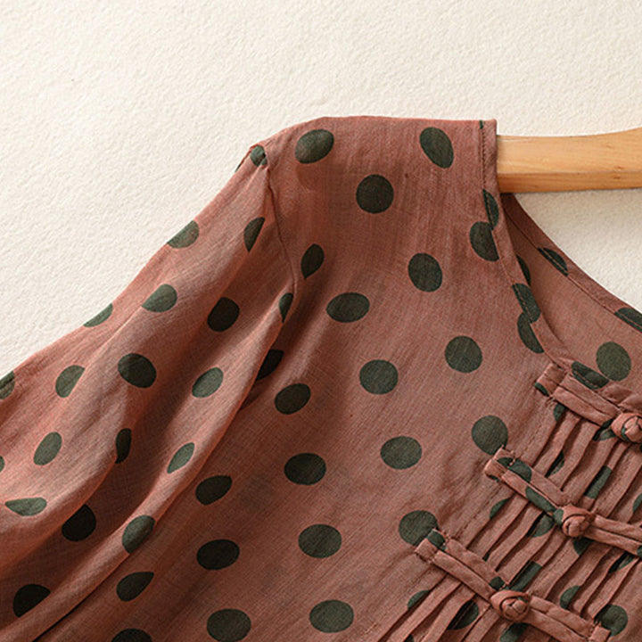 Buddha Stones秋 ラウンドネック 水玉 長袖 レディース ポリエステル シャツ  - image 2