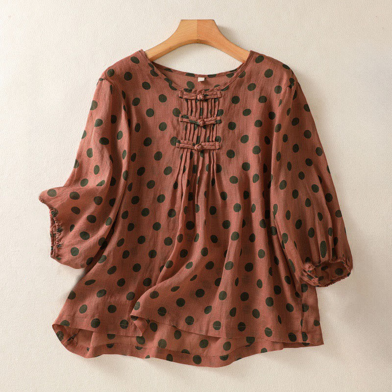 Buddha Stones秋 ラウンドネック 水玉 長袖 レディース ポリエステル シャツ  - ファイアブリック - US12、 UK/AU16、 EU44 (2XL) - image 0