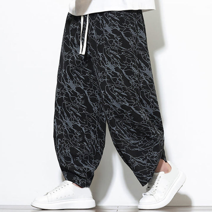 Buddha Stones秋 テクスチャードラインプリント コットン 伸縮性ウエスト アンクル丈 メンズ ハーレムパンツ ポケット付き - image 9