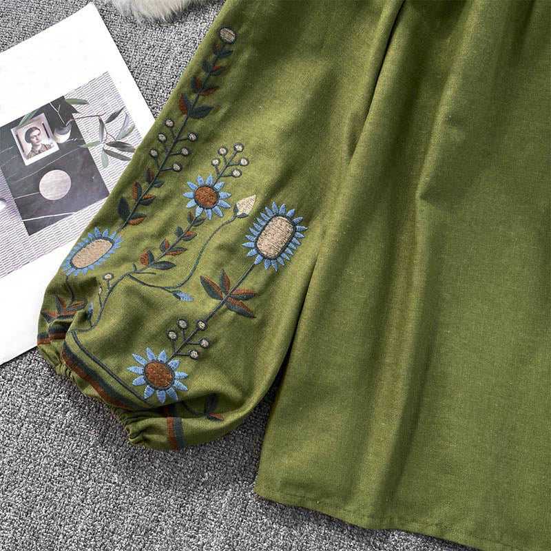 Buddha Stonesカジュアル刺繍花葉柄レディースコットンリネンラウンドネックTシャツ  - image 8