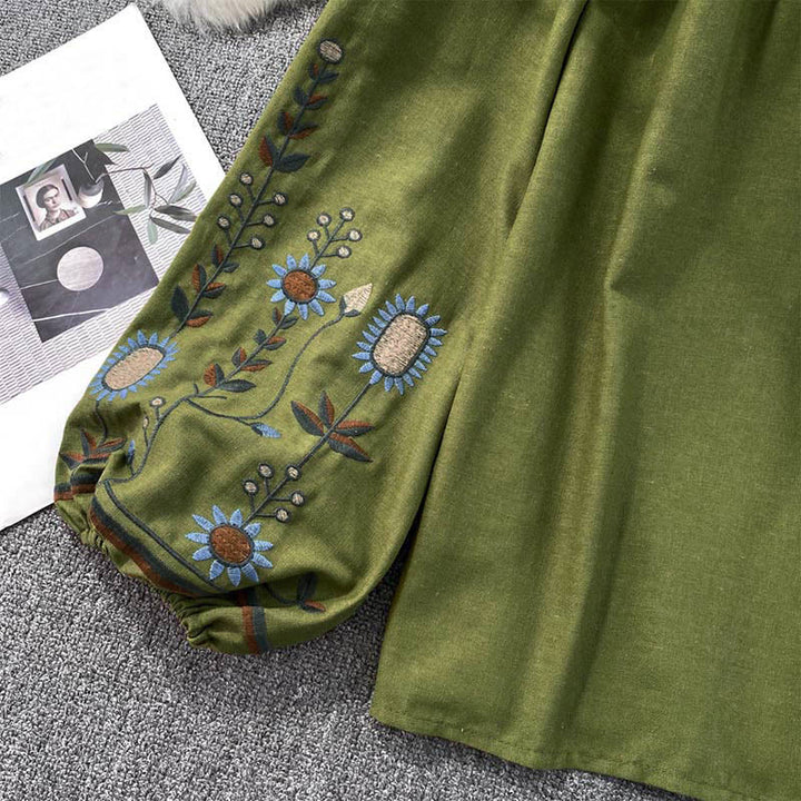 Buddha Stonesカジュアル刺繍花葉柄レディースコットンリネンラウンドネックTシャツ  - image 8