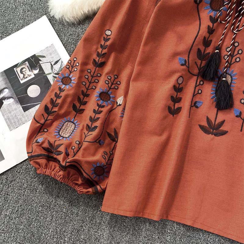 Buddha Stonesカジュアル刺繍花葉柄レディースコットンリネンラウンドネックTシャツ  - image 20