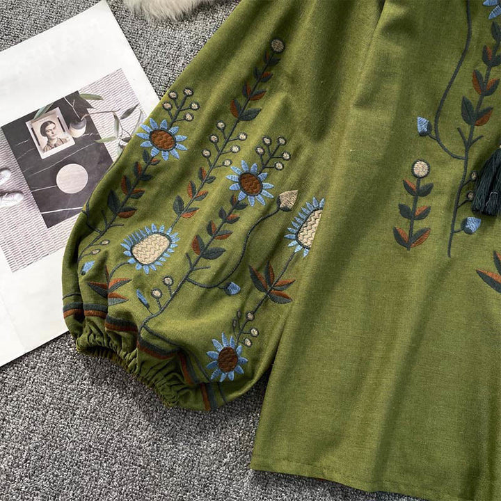 Buddha Stonesカジュアル刺繍花葉柄レディースコットンリネンラウンドネックTシャツ  - image 5