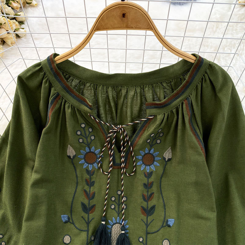 Buddha Stonesカジュアル刺繍花葉柄レディースコットンリネンラウンドネックTシャツ  - image 3