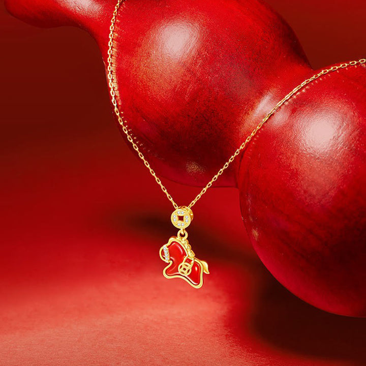 Buddha Stones午年銅貨 925スターリングシルバー 赤瑪瑙良縁祈願ネックレスペンダント - 925スターリングシルバーレッドアゲートホース - image 0