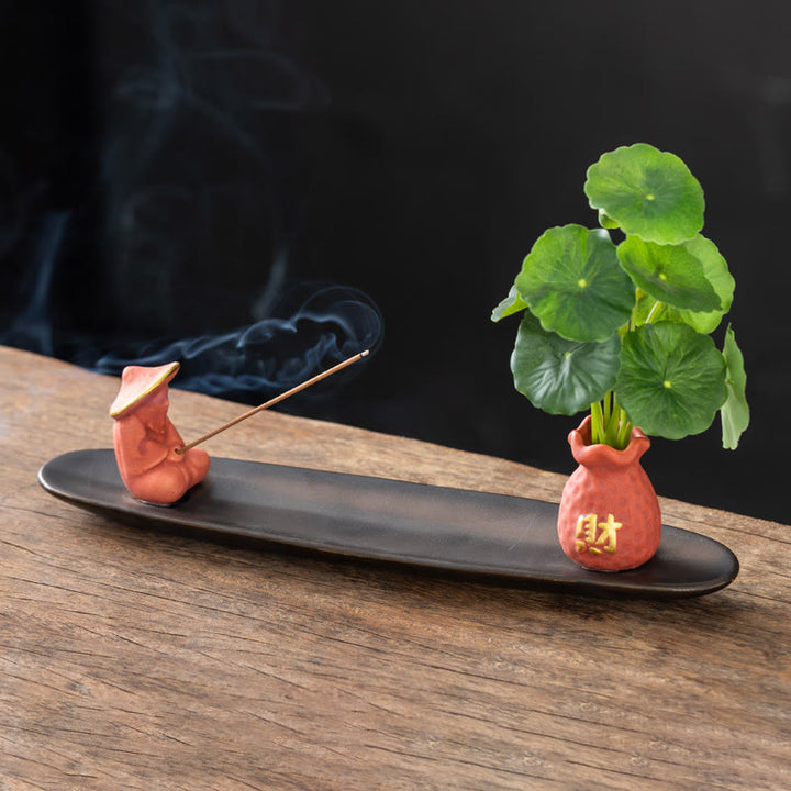 Buddha StonesPiXiu富をもたらす 家の装飾 香炉 - オレンジ色の漁師（25.7×7.5×5.8 cm） - image 0