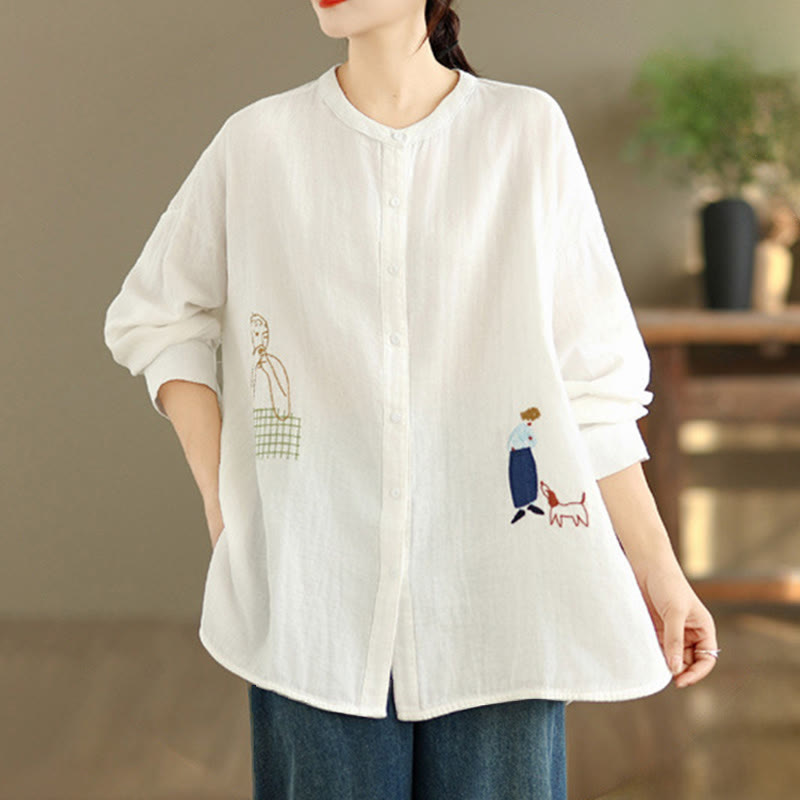 Buddha Stonesの秋の刺繍、人物と犬の模様、ラウンドネックボタン、レディース長袖シャツ - image 8