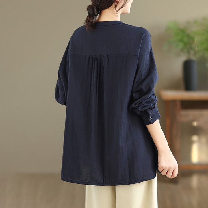 Buddha Stonesの秋の刺繍、人物と犬の模様、ラウンドネックボタン、レディース長袖シャツ - image 6