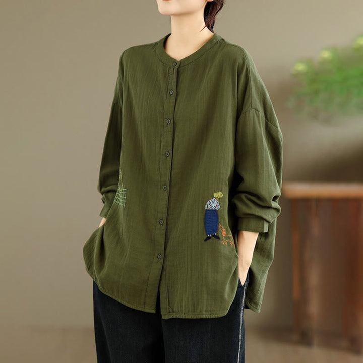 Buddha Stonesの秋の刺繍、人物と犬の模様、ラウンドネックボタン、レディース長袖シャツ - image 22