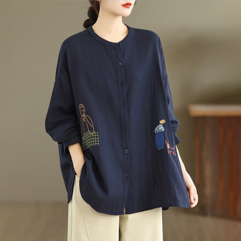 Buddha Stonesの秋の刺繍、人物と犬の模様、ラウンドネックボタン、レディース長袖シャツ - image 1