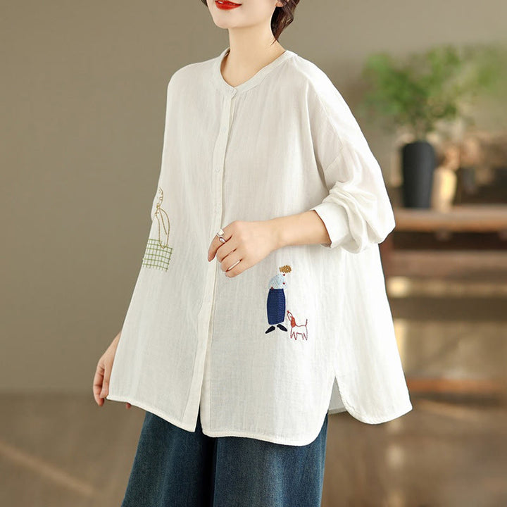 Buddha Stonesの秋の刺繍、人物と犬の模様、ラウンドネックボタン、レディース長袖シャツ - image 13