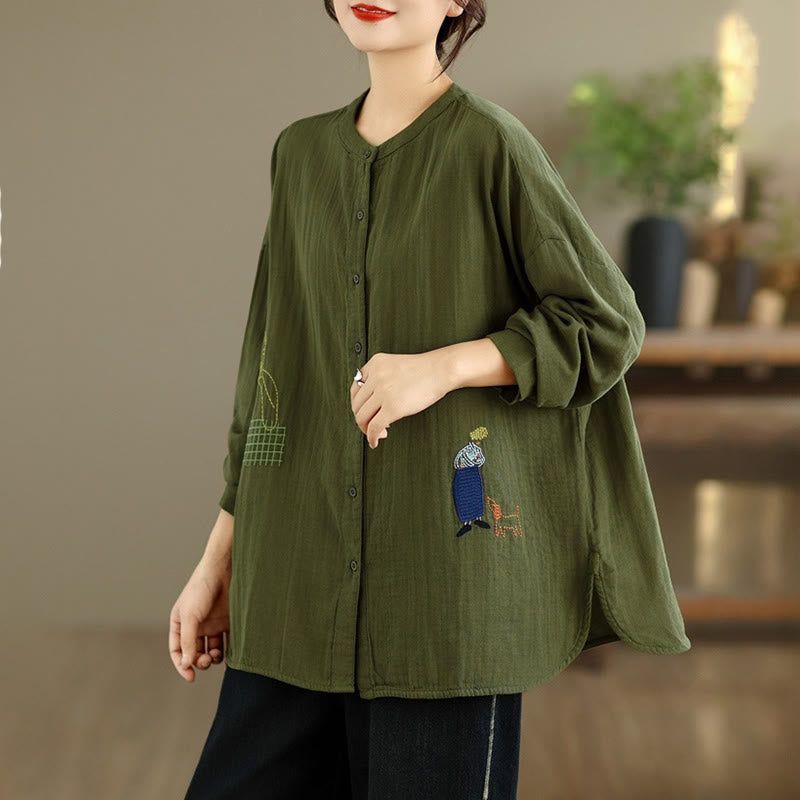 Buddha Stonesの秋の刺繍、人物と犬の模様、ラウンドネックボタン、レディース長袖シャツ - image 25